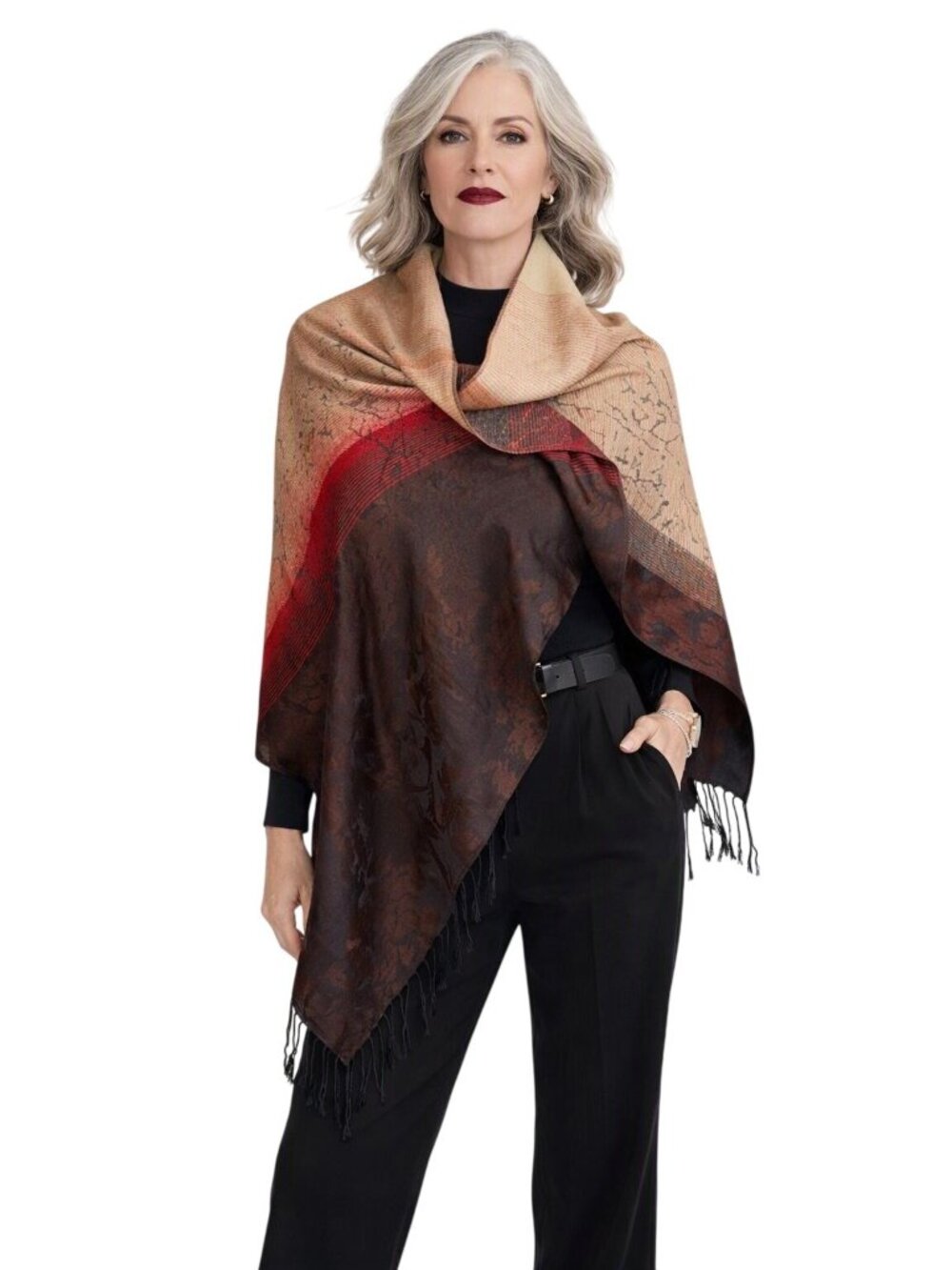 NWT WoolStreet Brown Red Ombre Wool Bld Scarf Fringe Boho Modern Classic Wrap